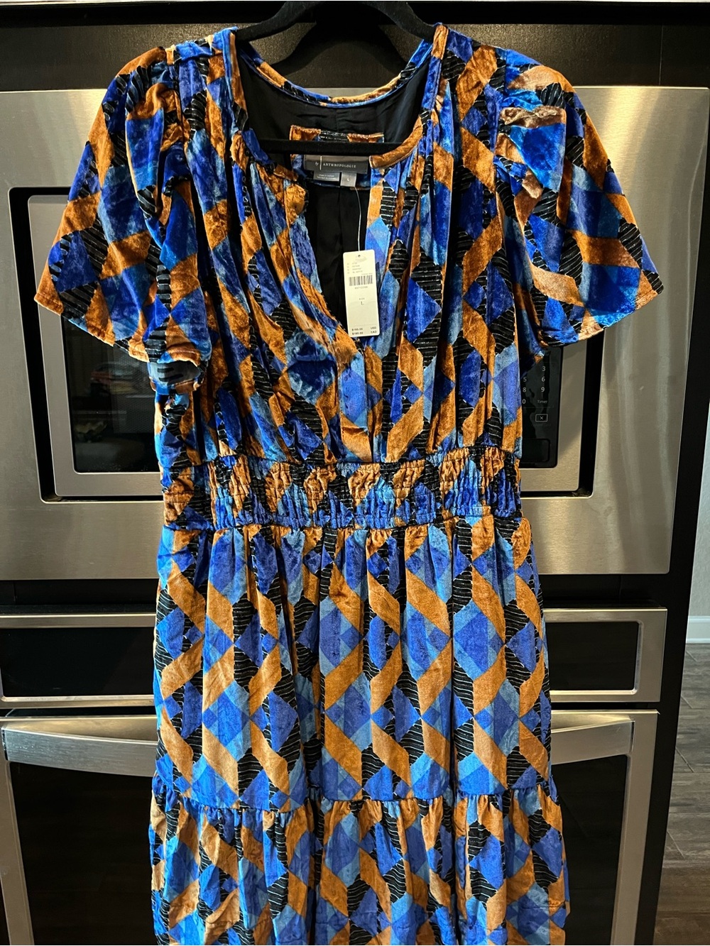 Anthropologie Somerset Blue and Brown Geometric Velvet Dress M